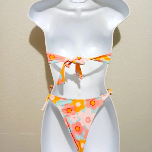 💚5/$25 Zylein Colorful  Floral Halter Tied String Bikini Small Cheeky Bottoms - Picture 4 of 6